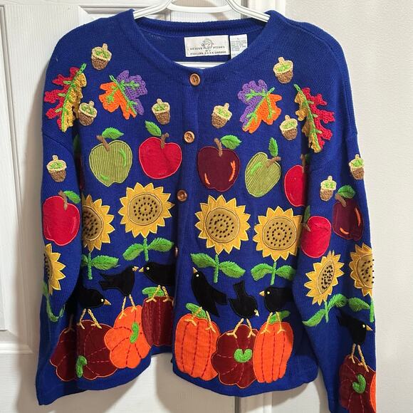 Design Options Philip Jane Gordon Cardigan Sweater Fall Flowers Birds Large - Picture 4 of 15